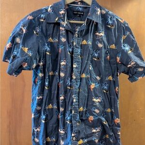 Ocean Current Blue Casual Button Down Shirt with Tropical Motifs